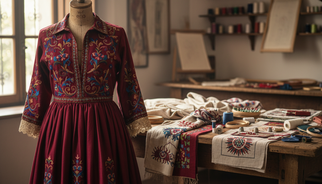 A beautifully arranged display of authentic Italian embroidery clothing, featuring intricate patterns showcasing traditional motifs such as florals and geometric designs. In the foreground, a vibrant artisan-made dress with detailed embroidery in rich colors like reds, blues, and golds, elegantly draped over a rustic wooden mannequin. The middle ground features an assortment of embroidered fabrics and accessories, like scarves and table linens, meticulously laid out on a vintage wooden table. In the background, a softly lit workshop filled with spools of colorful thread and tools of the embroidery trade, conveying an inviting, warm atmosphere. The scene is illuminated by natural diffused light coming through a nearby window, creating an intimate and artisanal mood. The angle focuses on the textures of the fabrics, showcasing the artistry of Italian craftsmanship. No text or branding elements present.