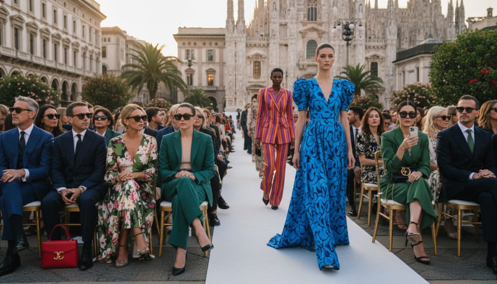 A bustling Milan Fashion Week scene showcasing a glamorous outdoor runway with stylish attendees. In the foreground, a diverse group of elegantly dressed fashion influencers and industry professionals observe the show, wearing chic outfits that blend contemporary and classic Italian styles. The middle ground features models strutting down the runway, adorned in high-fashion garments that emphasize bold colors and intricate patterns, reflecting the latest trends. In the background, iconic Milanese architecture subtly hints at the city's rich cultural heritage. Soft, warm lighting creates an inviting atmosphere, while the camera angle captures the excitement of the event from a slightly elevated perspective. The overall mood conveys a vibrant celebration of creativity and elegance in the fashion world.
