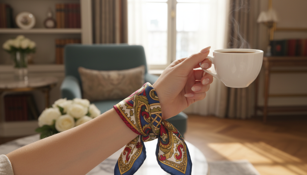 A chic and stylish silk scarf elegantly wrapped around a slender wrist, showcasing vibrant patterns inspired by Italian artistry. The foreground highlights the intricate details of the scarf, featuring rich colors like deep reds, blues, and golds. In the middle, a softly blurred hand gently holds a coffee cup, emphasizing the fashionable yet casual nature of this accessory. The background softly fades into an elegant indoor setting with a hint of luxury, such as a well-decorated room or a stylish café, enhanced by warm, diffused lighting. The atmosphere conveys sophistication and modernity, embodying the spirit of chic Italian fashion. The composition should utilize a shallow depth of field to maintain focus on the wrist wrap while creating an inviting ambiance.