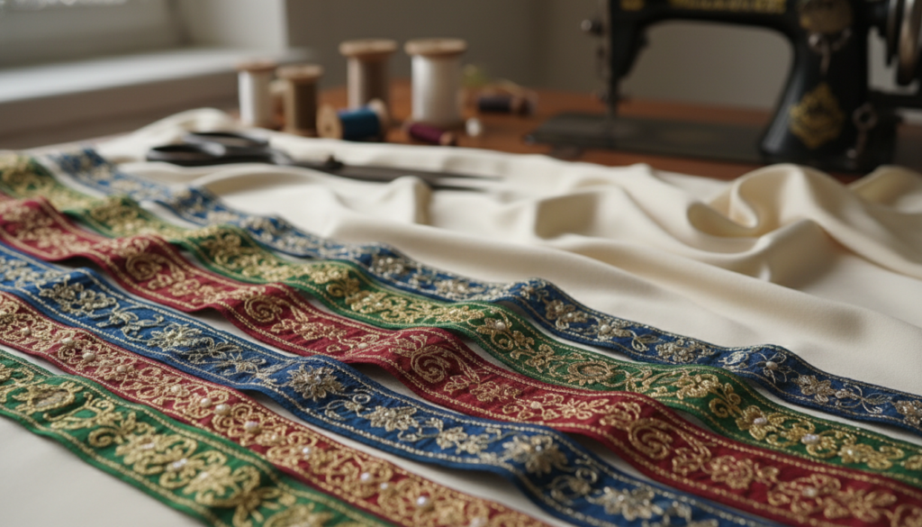 A close-up composition featuring exquisite Italian ribbons and trims elegantly draped over luxurious silk fabric. In the foreground, showcase a variety of vibrant, richly textured ribbons in shades of deep red, emerald green, and royal blue, each adorned with intricate patterns. The middle layer should highlight the soft, shimmering silk fabric, gracefully reflecting soft, natural light that enhances its opulence and delicacy. The background should be softly blurred, suggesting a warm, inviting atmosphere, with hints of artisanal workshop tools like scissors and spools of thread subtly visible. The overall mood conveys sophistication and creativity, ideal for styling tips, inviting viewers to explore the beauty of mixing and matching these decorative elements with luxurious fabrics. A close-up composition featuring exquisite Italian ribbons and trims elegantly draped over luxurious silk fabric. In the foreground, showcase a variety of vibrant, richly textured ribbons in shades of deep red, emerald green, and royal blue, each adorned with intricate patterns. The middle layer should highlight the soft, shimmering silk fabric, gracefully reflecting soft, natural light that enhances its opulence and delicacy. The background should be softly blurred, suggesting a warm, inviting atmosphere, with hints of artisanal workshop tools like scissors and spools of thread subtly visible. The overall mood conveys sophistication and creativity, ideal for styling tips, inviting viewers to explore the beauty of mixing and matching these decorative elements with luxurious fabrics.