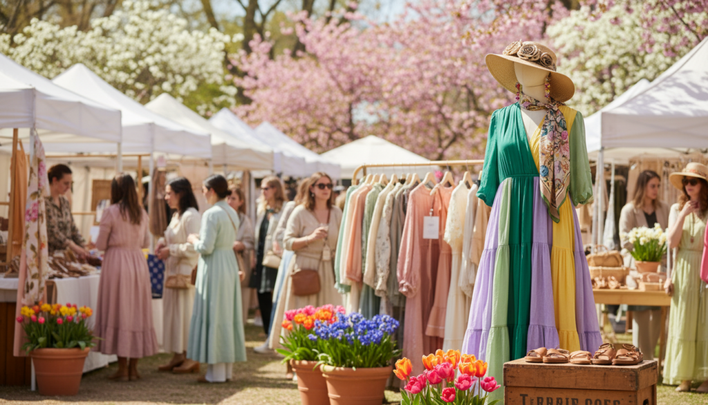 A colorful spring scene featuring a stylish outdoor market adorned with vibrant textiles and clothing inspired by Italian fashion. In the foreground, a well-dressed mannequin displays a chic ensemble featuring rich emerald green, sunny yellow, and soft lavender shades, alongside delicate floral accessories. The middle ground showcases a bustling market with vendors displaying various garments and accessories in warm pastel colors, while vibrant potted flowers add additional splashes of color. The background features lush greenery and trees blossoming with pink and white flowers, bathed in warm, natural sunlight. The atmosphere feels fresh, lively, and inviting, emphasizing the essence of spring fashion and versatility in color combinations. Use a soft-focus lens effect to create a dreamy ambiance.