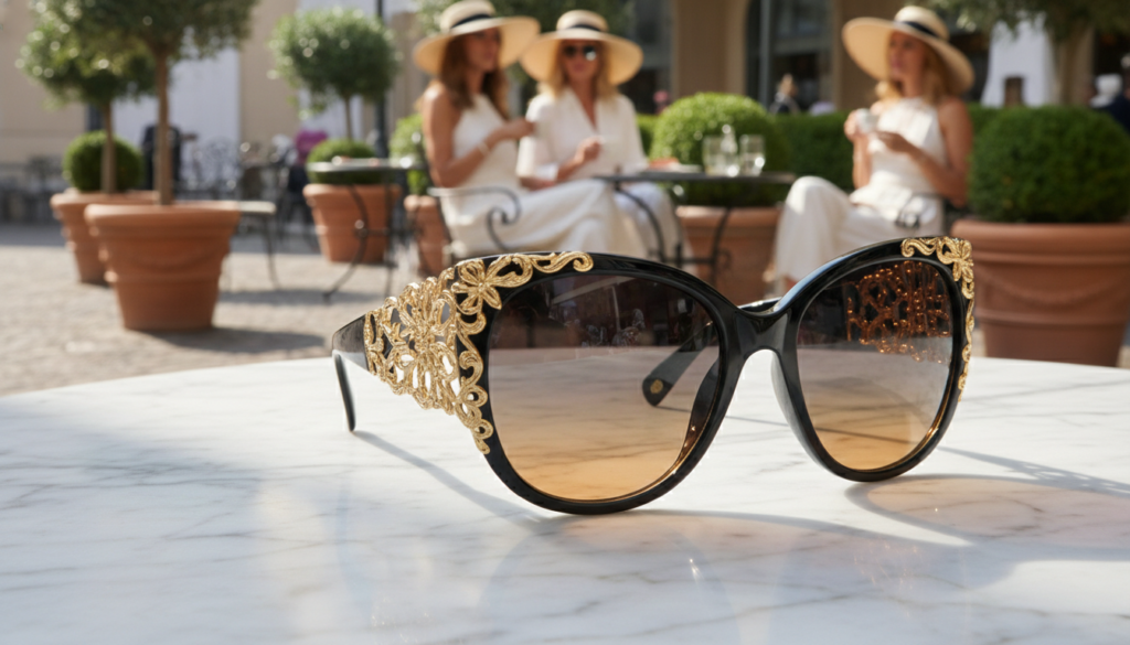 A pair of luxurious Italian designer sunglasses displayed elegantly on a reflective marble surface that enhances their glossy finish. The sunglasses feature an oversized, cat-eye shape with intricate gold detailing on the frame, emphasizing high fashion. Soft natural light casts gentle reflections, highlighting the lenses’ gradient tint, which transitions from dark to light, suggesting a sunny day. In the blurred background, an elegant outdoor café setting can be glimpsed, complete with stylish potted plants and a hint of fashionably dressed women enjoying their day, creating a vibrant yet sophisticated atmosphere. The mood is chic and sun-soaked, capturing the essence of Italian style and luxury accessories.
