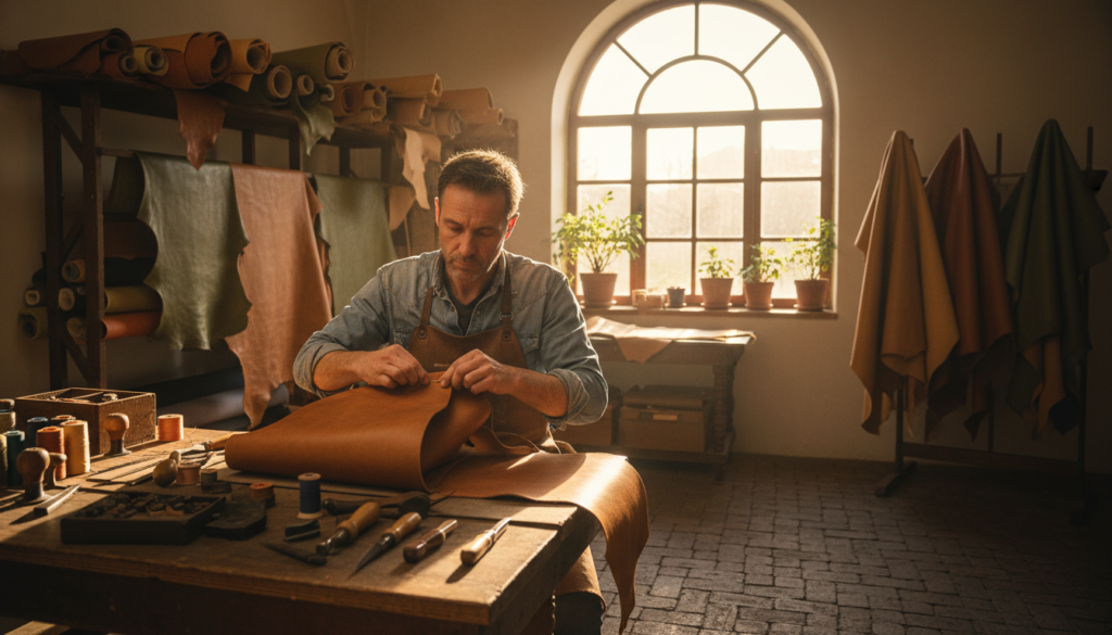 A skilled artisan meticulously crafting an Italian leather bag in a sun-drenched workshop filled with tools and rolls of rich, textured leather. In the foreground, the artisan, dressed in modest casual attire, can be seen focused on hand-stitching with precision, showcasing the intricate details and quality of the leather. The middle ground highlights various leather types, showcasing natural hues and unique grains, symbolizing sustainability. The background features a large window allowing natural light to flood the space, creating soft shadows and a warm atmosphere that evokes craftsmanship and tradition. The overall mood is serene and contemplative, capturing the essence of ethical practices and dedication to quality in Italian leather craftsmanship.