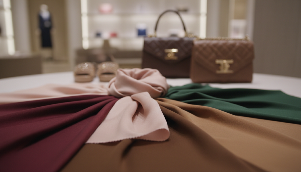 An elegant display of popular Italian fashion color palettes, featuring luxurious hues such as deep burgundy, soft pastel pinks, rich emerald greens, and muted earth tones. In the foreground, artistic swatches of fabric range from silk to wool, artistically arranged to showcase texture and depth. The middle ground includes stylish accessories like scarves and handbags that complement the palettes, each piece reflecting high-quality Italian craftsmanship. In the background, a softly blurred boutique interior evokes a chic and sophisticated atmosphere, highlighted by warm, ambient lighting that casts gentle shadows. A shallow depth of field creates a sense of focus on the palettes while maintaining an overall elegant mood, ideal for showcasing the essence of Italian fashion.